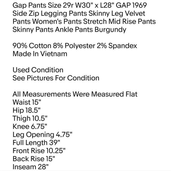 Gap Pants Size 29r W30" x L28" GAP 1969 Side Zip Legging Pants Skinny Leg Velvet - Picture 2 of 6